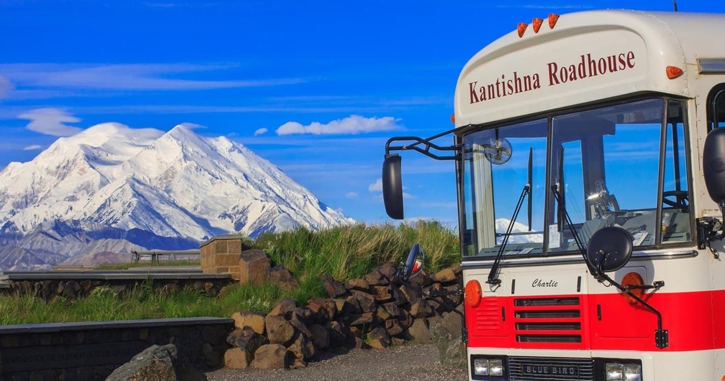 Tour bus parked with Denali mountain backdrop on scenic road