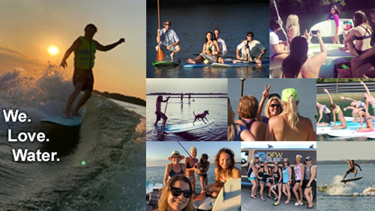 Group paddleboard and surf lessons on Grapevine Lake shoreline