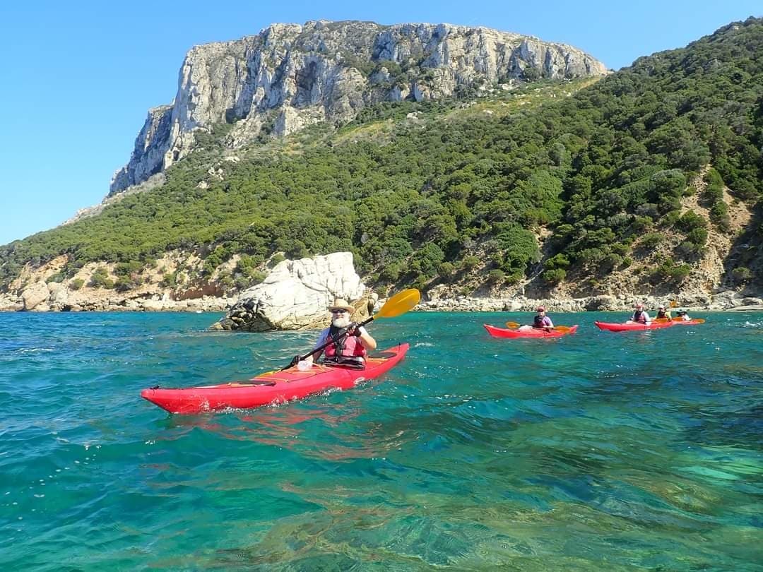 Kayakers paddling turquoise sea near rocky coastal cliffs