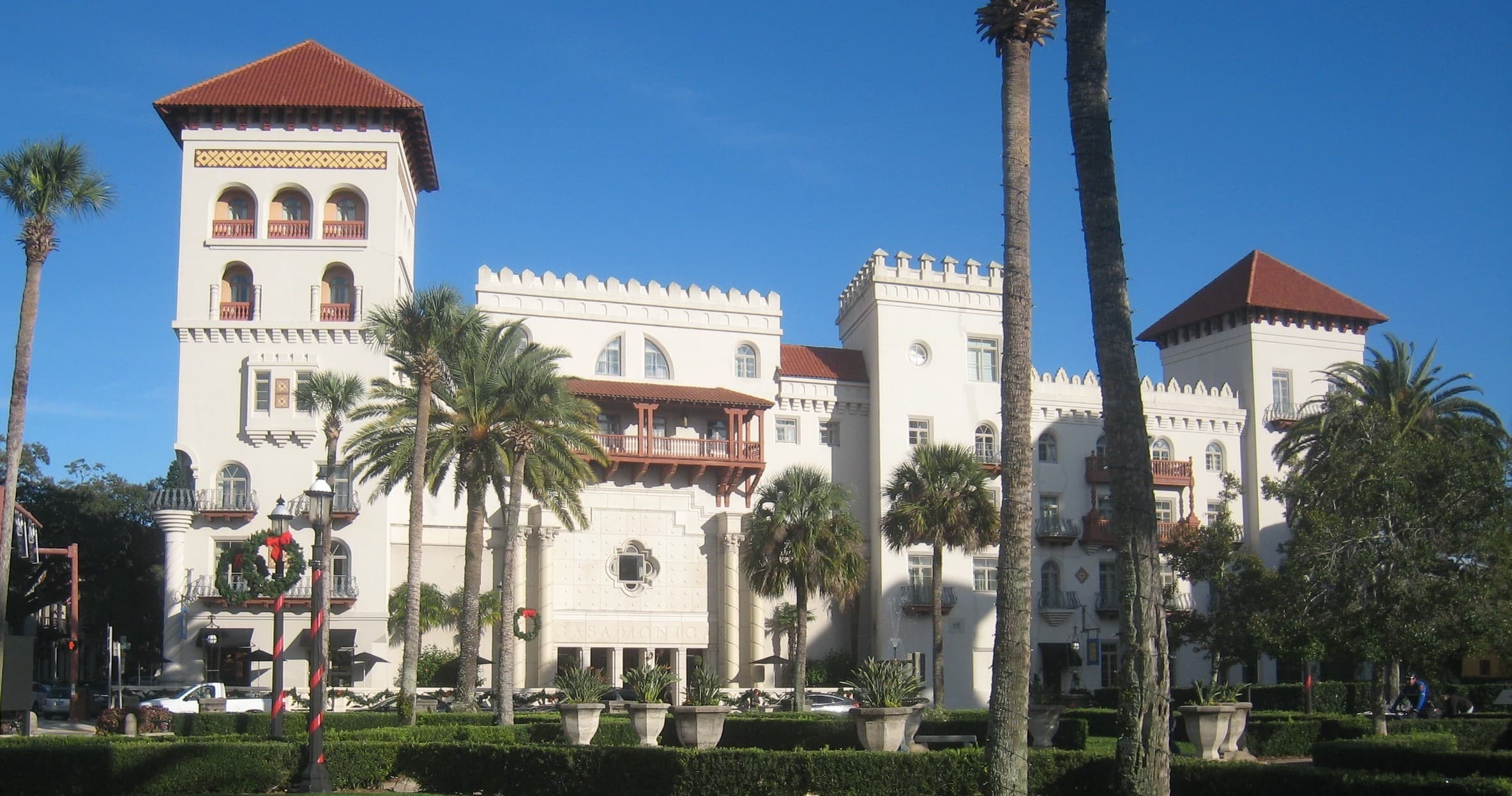 Historic Mediterranean Revival hotel facade in St. Augustine, walking tour