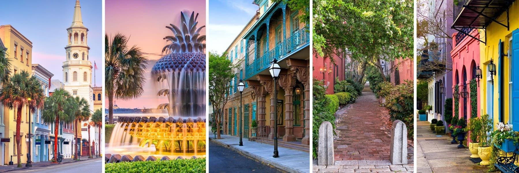 Colorful historic coastal street with fountain, urban walking tour