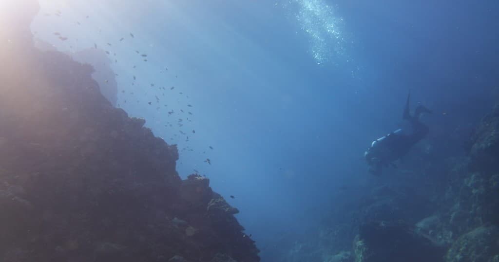 Scuba diver exploring sunlit coral reef with rays of light