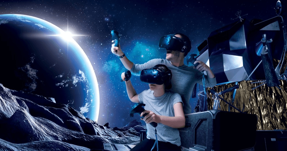 Couple using VR gear in indoor space simulation arcade experience
