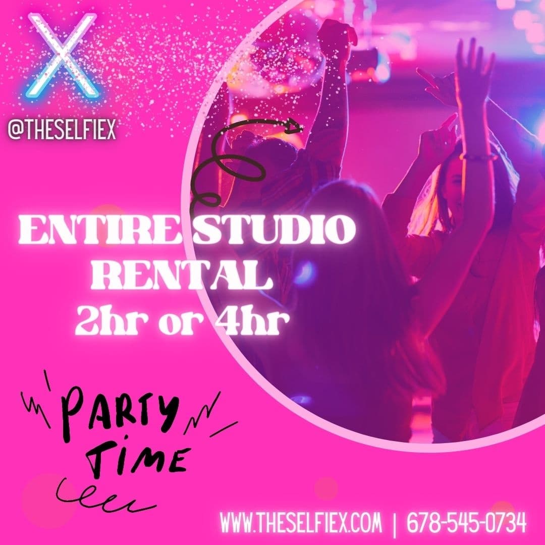 Pink studio rental promo showing party scene and neon decor