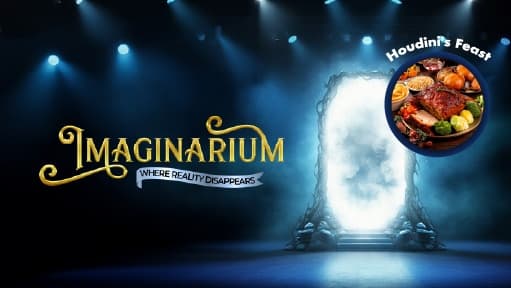 Imaginarium theater poster with illuminated portal on stage