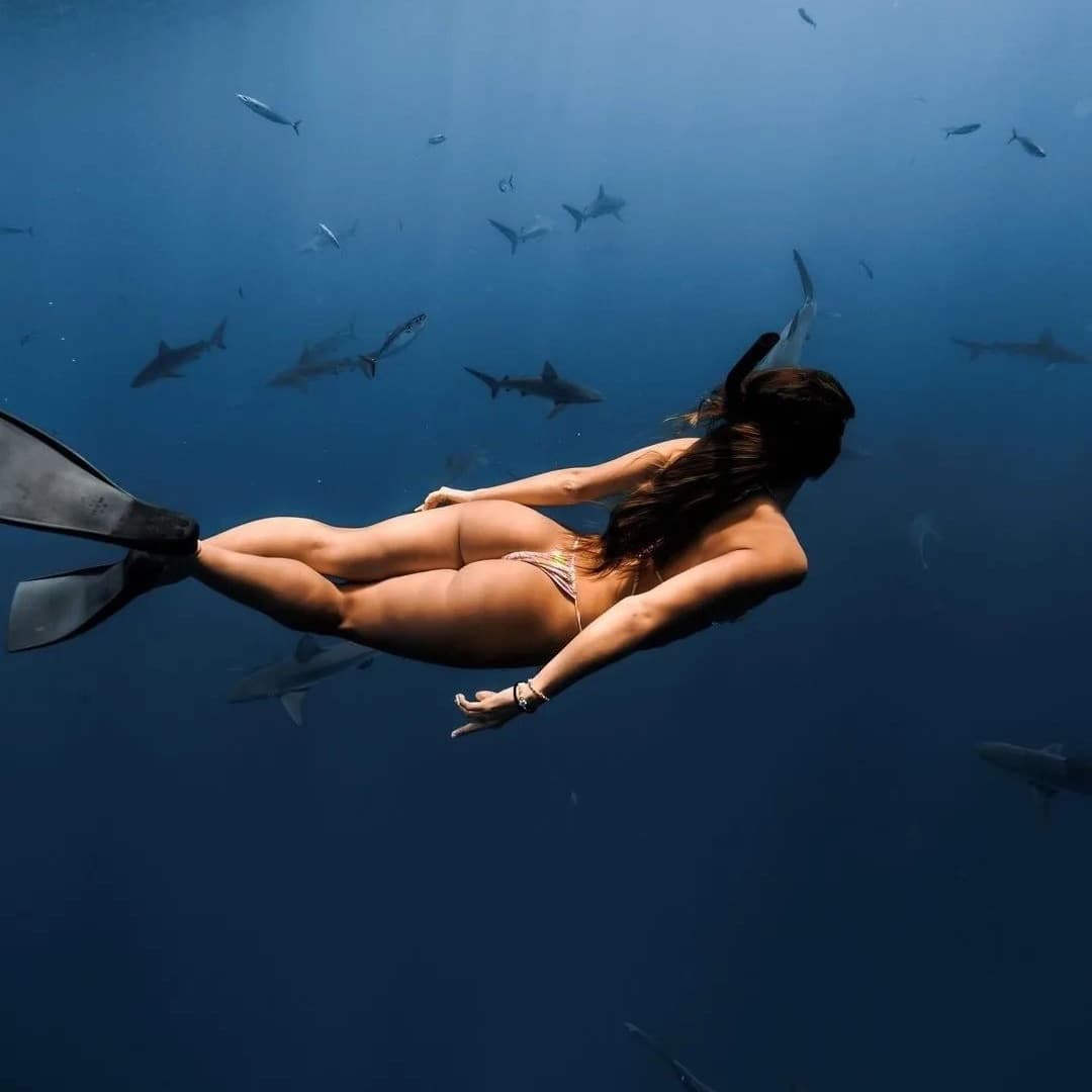 Freediver swimming among sharks in deep blue ocean waters