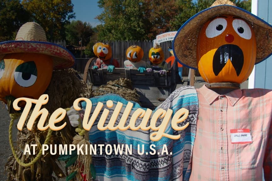 Scarecrow pumpkin display at Pumpkintown village outdoor festival