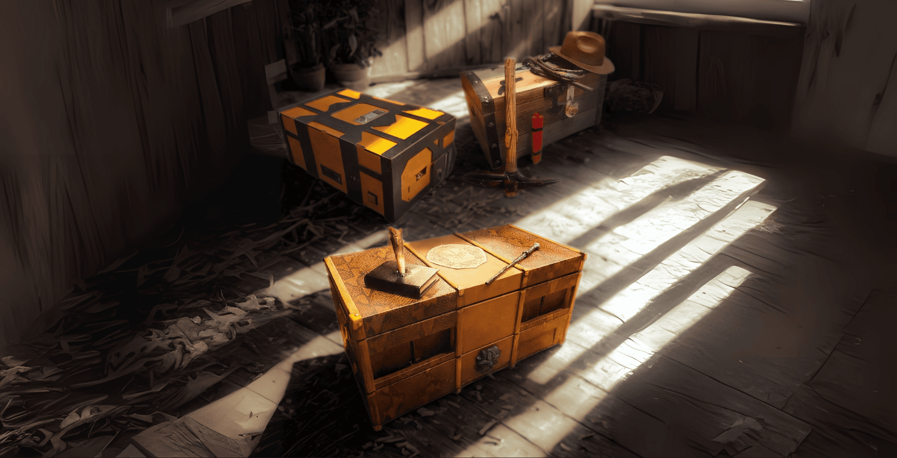 Wooden puzzle crates in sunlit room, atmospheric indoor escape room Takapuna
