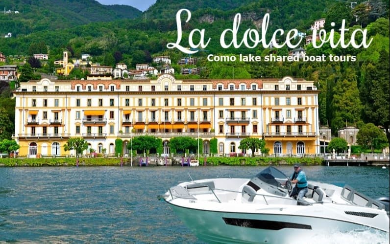 Speedboat cruising past lakeside villa hotel on Lake Como tour