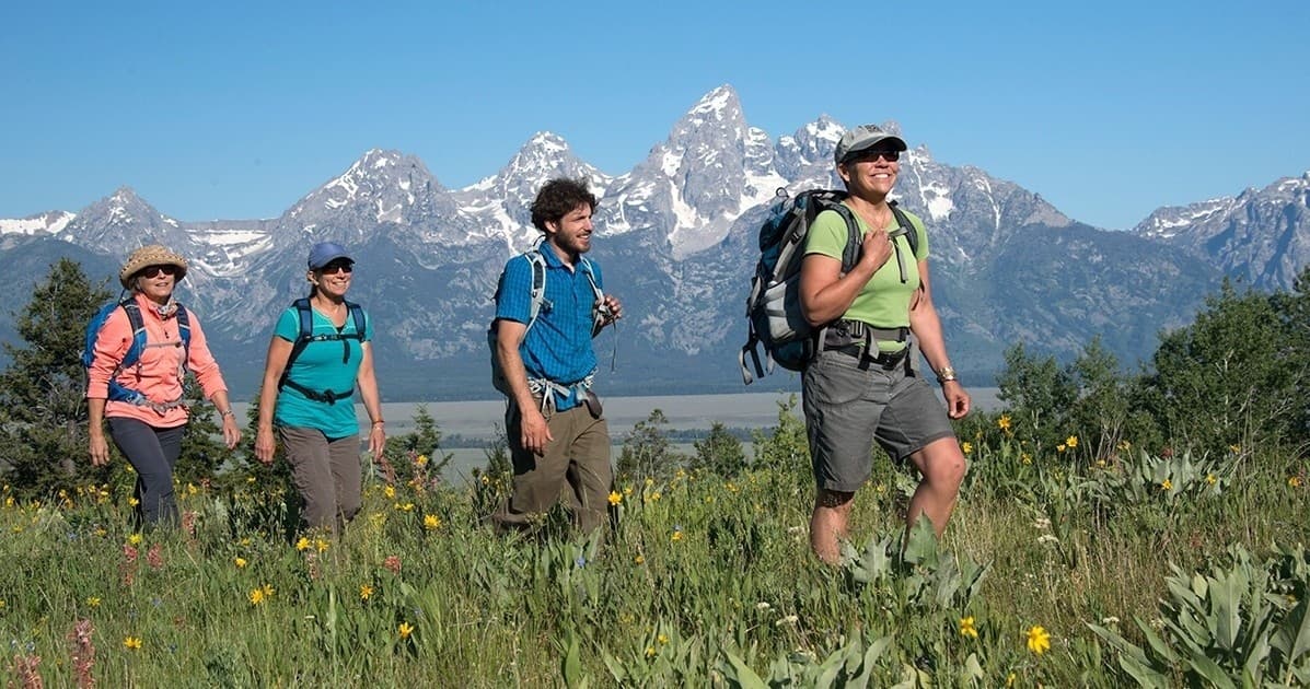 Backpackers hiking wildflower meadow with Teton peaks in distance