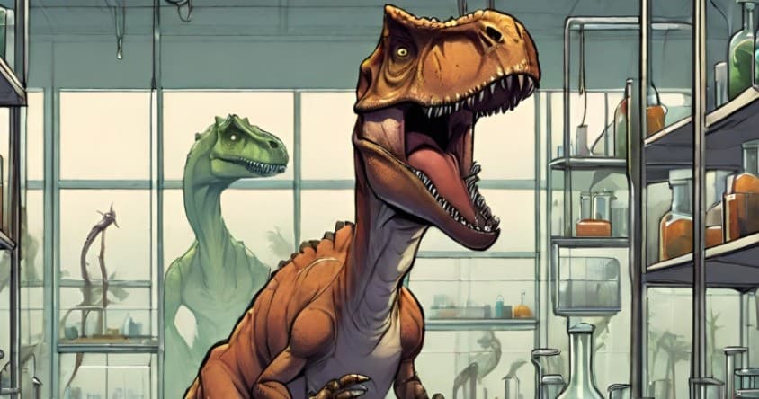 Tyrannosaur and raptor inside a research lab behind glass exhibits