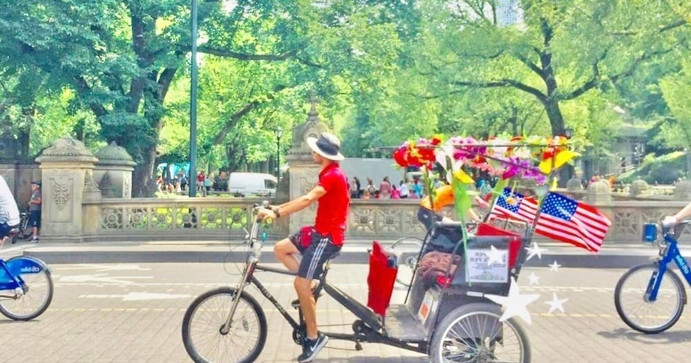 Colorful rickshaw parade in Central Park, festive street tour