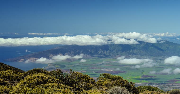 Panoramic Maui mountain and valley vista from hiking lookout