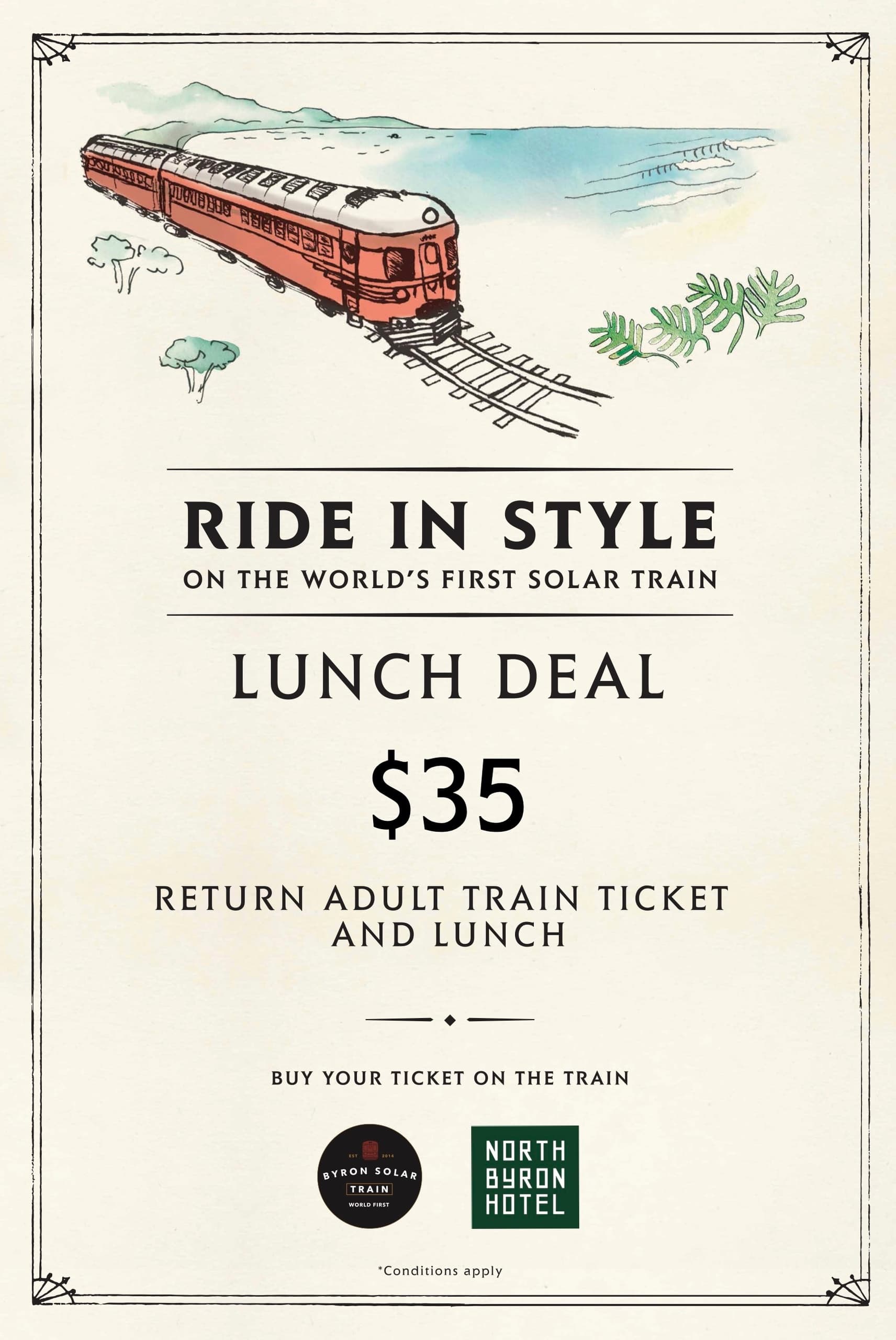 Ride In Style on Byron Solar Train in Byron Bay