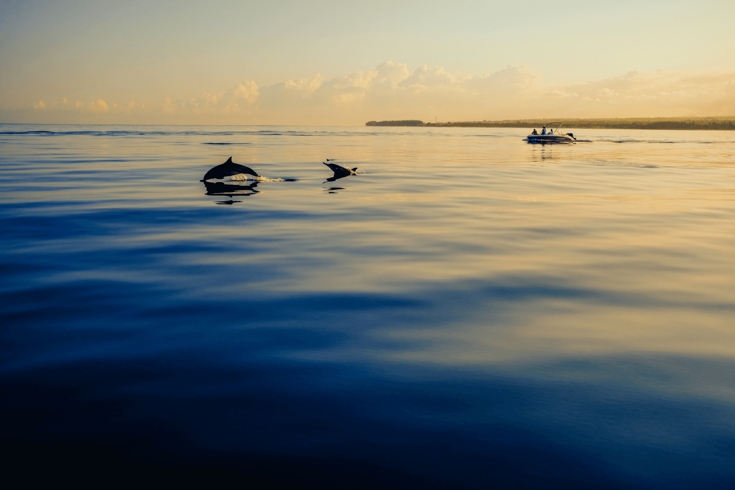 Calm bay at sunrise with small boats on glassy water
