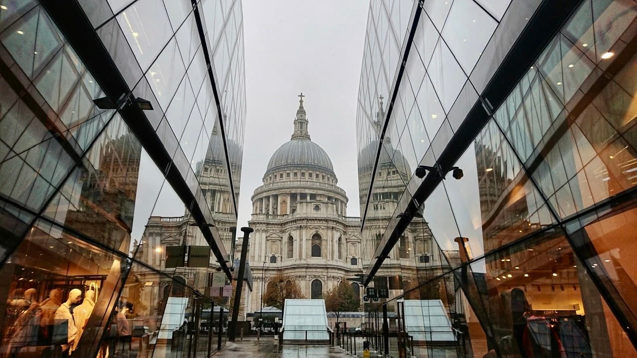 St Paul's Cathedral reflected in glass with pedestrian viewpoint