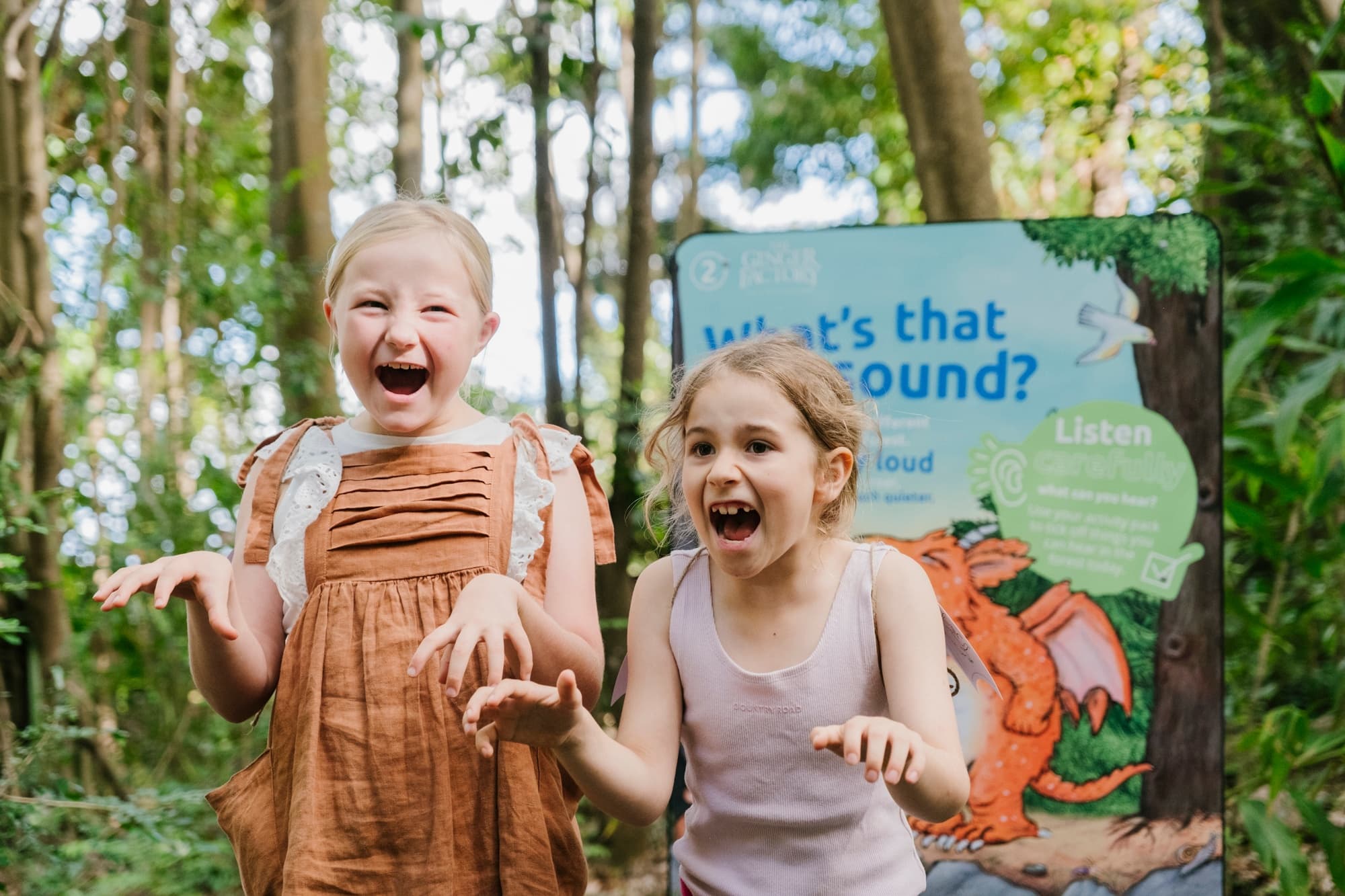 Children exploring leafy rainforest trail on family nature walk
