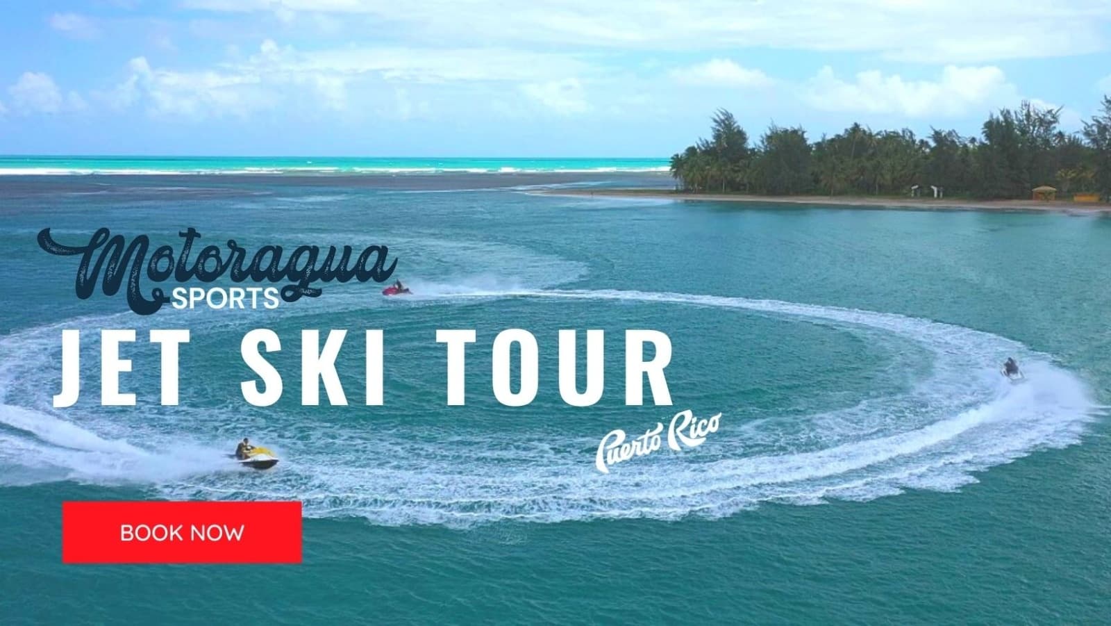 Jet ski riders circling turquoise lagoon off tropical coast