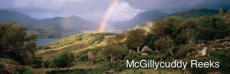 McGillycuddy Reeks mountain range with rainbow, scenic hiking