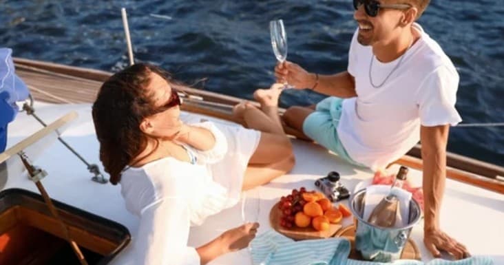 Couple enjoying picnic and wine on deck of sailboat near Marbella