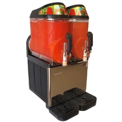 Twin slushy dispensers serving frozen drinks at concession