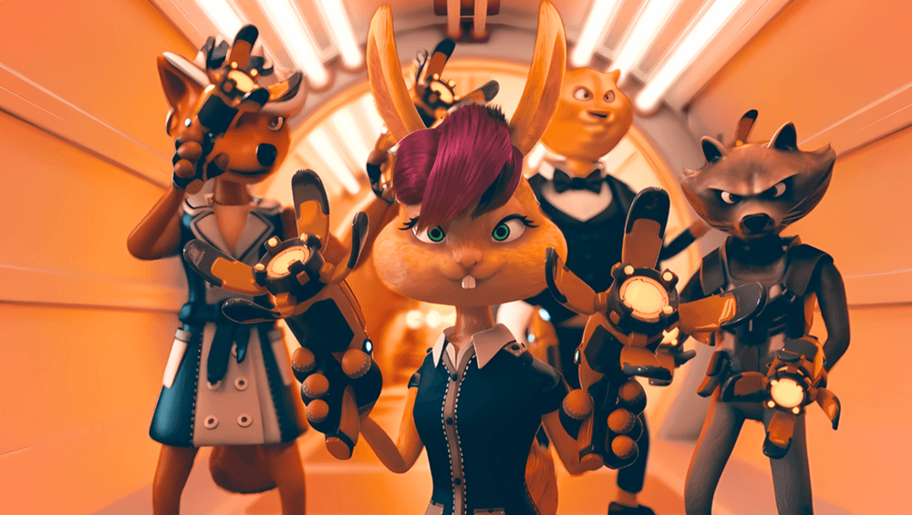 Stylized anthropomorphic cat crew in cinematic sci-fi interior scene
