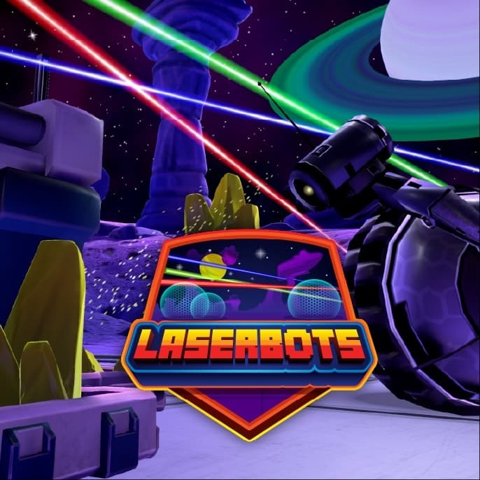 Laserbots neon space action poster with cosmic arena and ships
