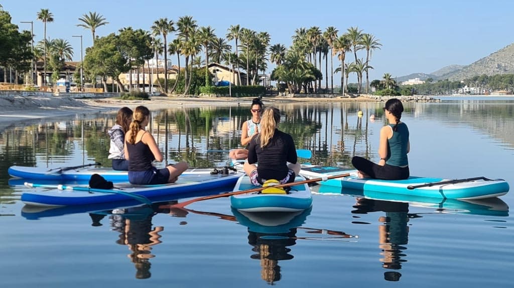 Stand-up paddleboarders sitting in calm coastal lagoon near palm trees
