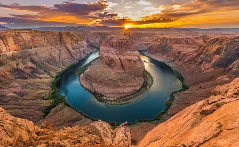 Aerial view of Horseshoe Bend river bend at sunset