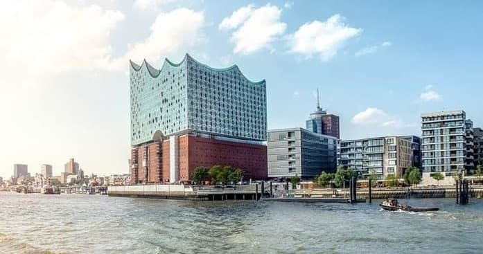 Elbphilharmonie on the Elbe, panoramic Hamburg waterfront view