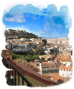 Panoramic Lisbon hillside rooftops overlooking the Tagus River