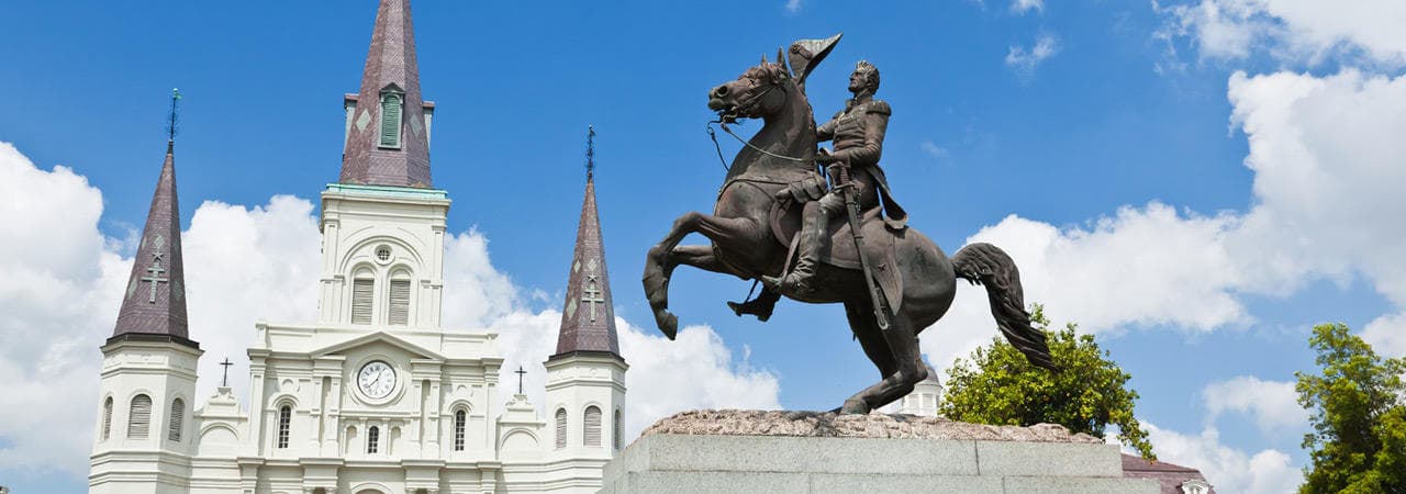 St. Louis Cathedral and Jackson Square statue, New Orleans sightseeing