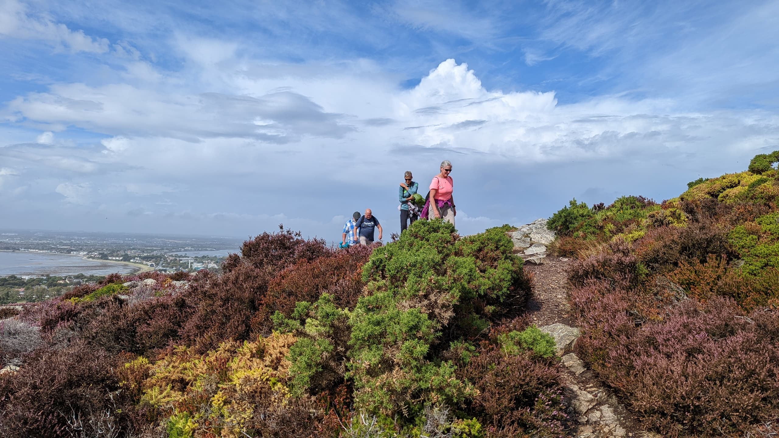 Hikers traversing open heath with coastal views and sky