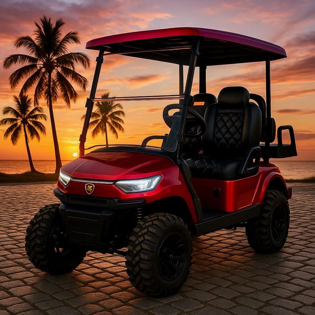 Red off-road golf cart on coastal sunset path by palms