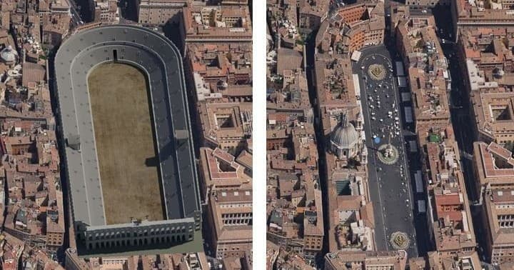 Aerial view of ancient Domitian Stadium ruins in Rome