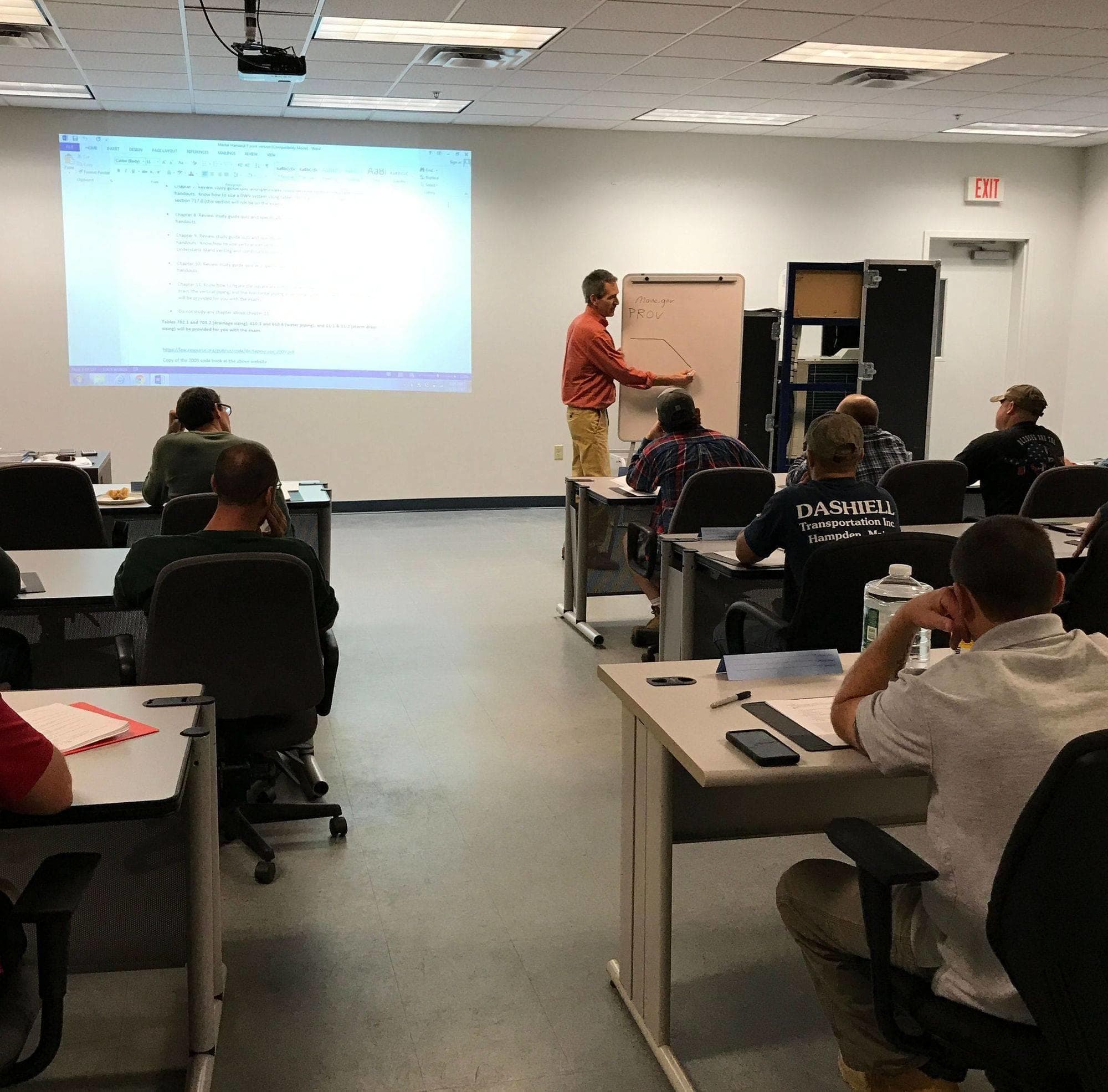 Rear view of plumbing class with students watching projected lesson
