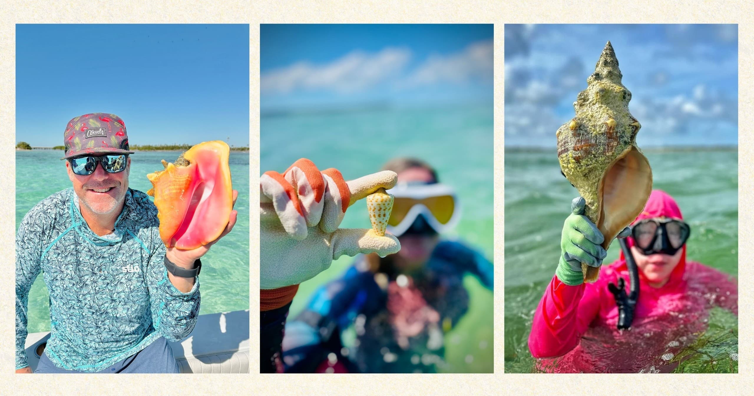 Guided shelling trip with anglers holding conch in shallow water
