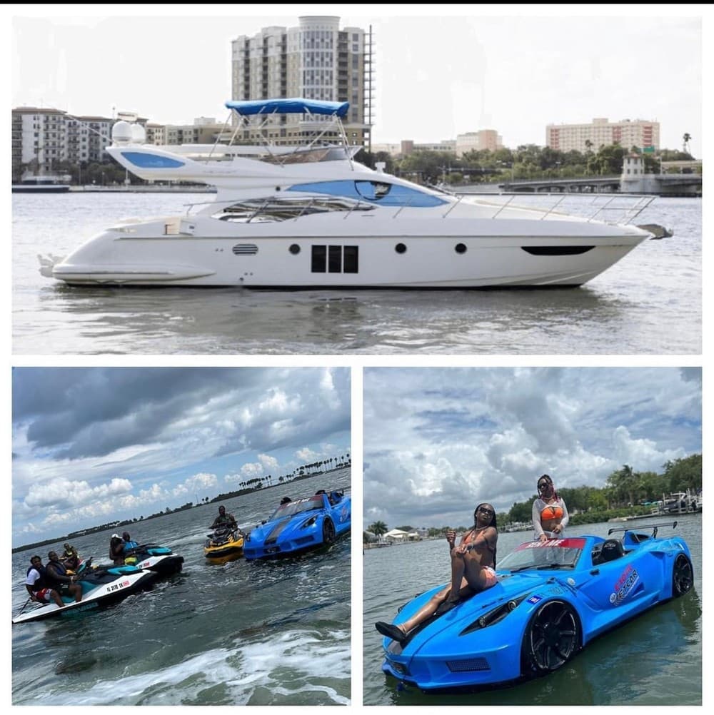 Yacht and blue jet car on coastal waters with passengers