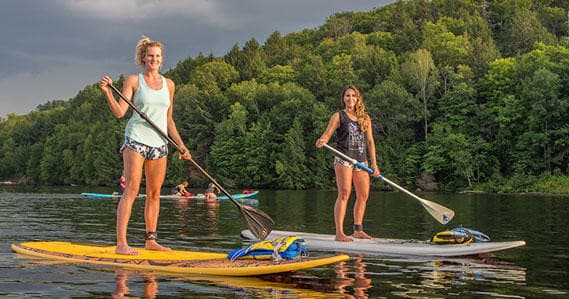 Two stand-up paddleboarders on Algonquin lake near forest shore
