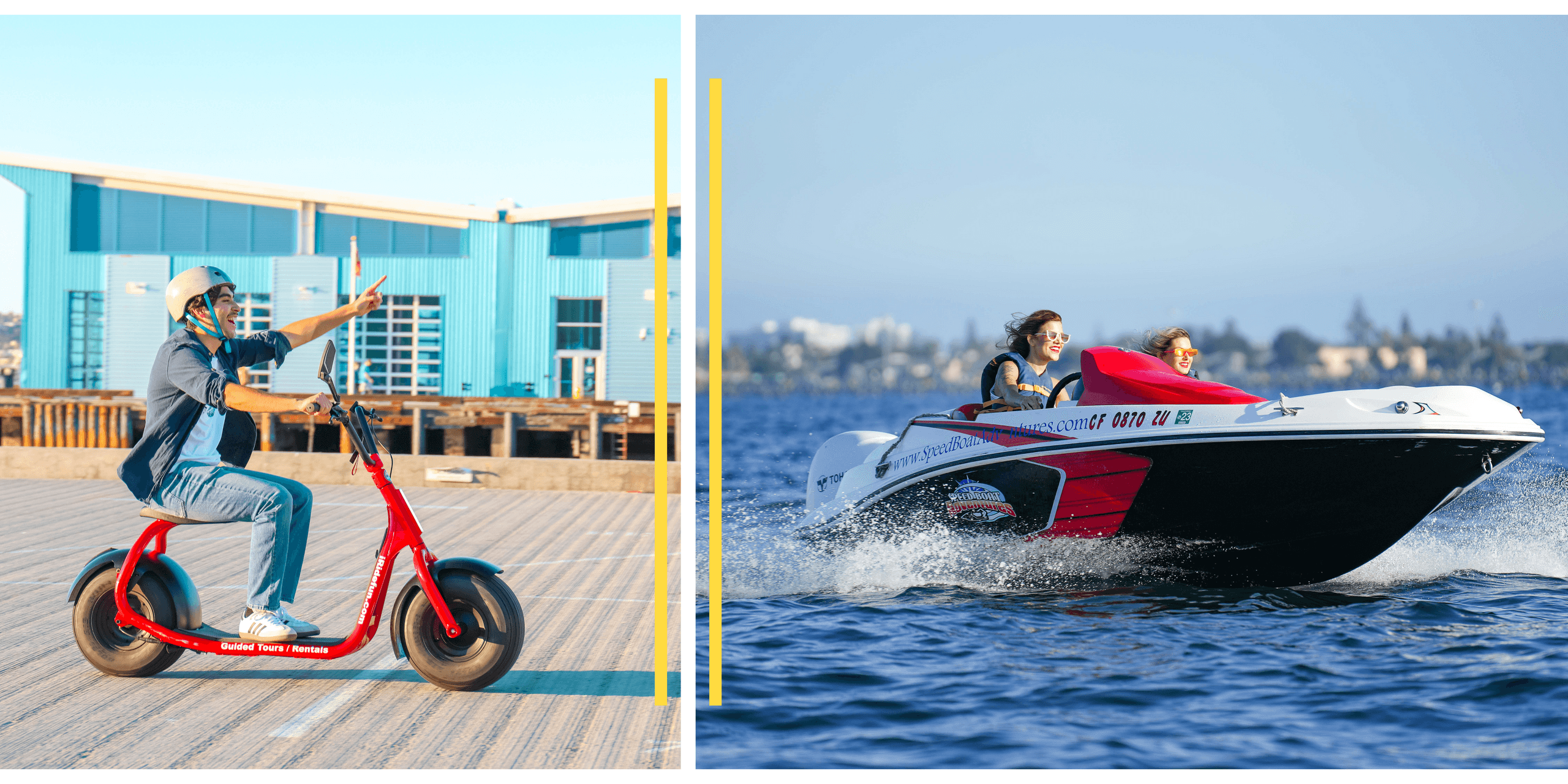 Split image: electric scooter on pier and speedboat on San Diego bay