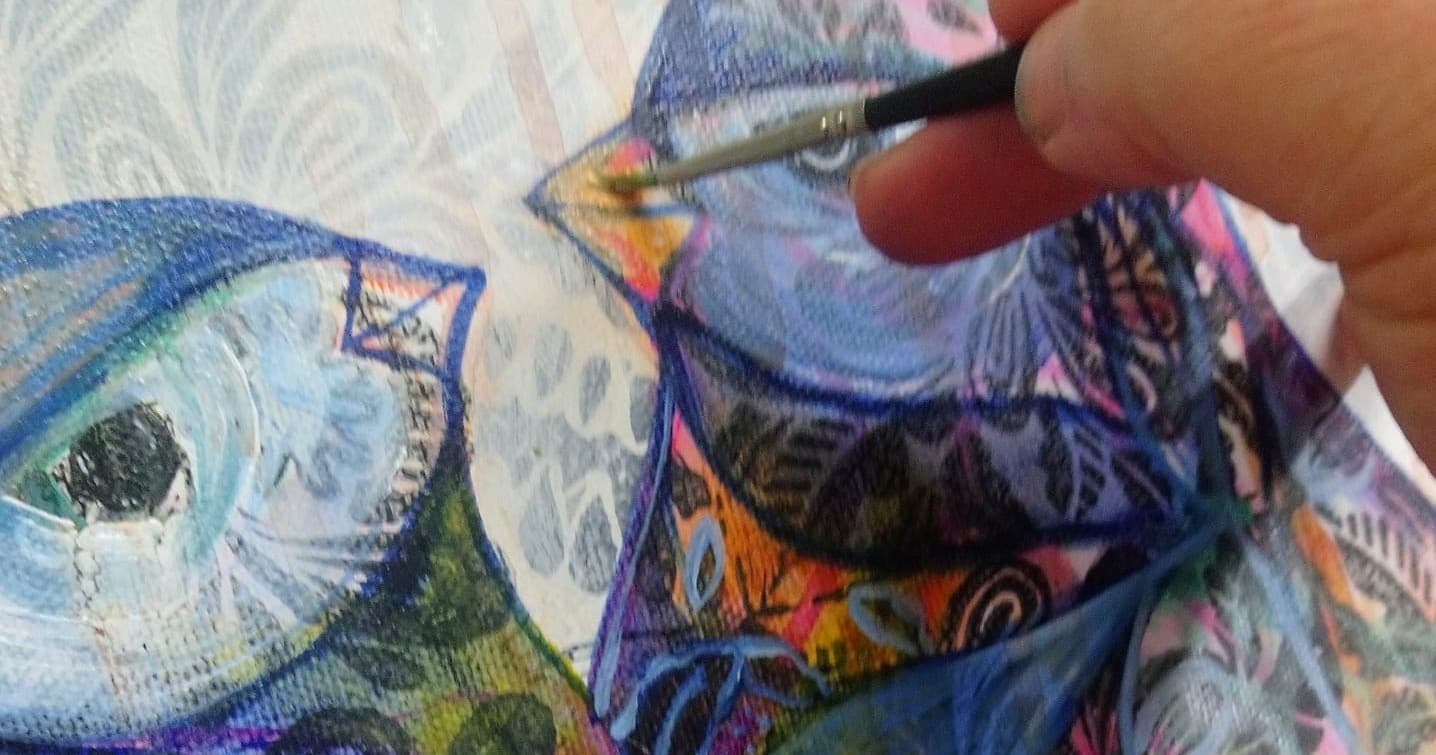 Hand painting detailed bird illustration with mixed-media inks