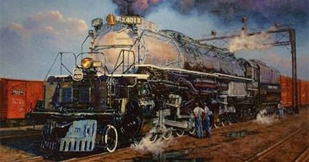 Vintage steam locomotive painting depicting rail yard scene and maintenance
