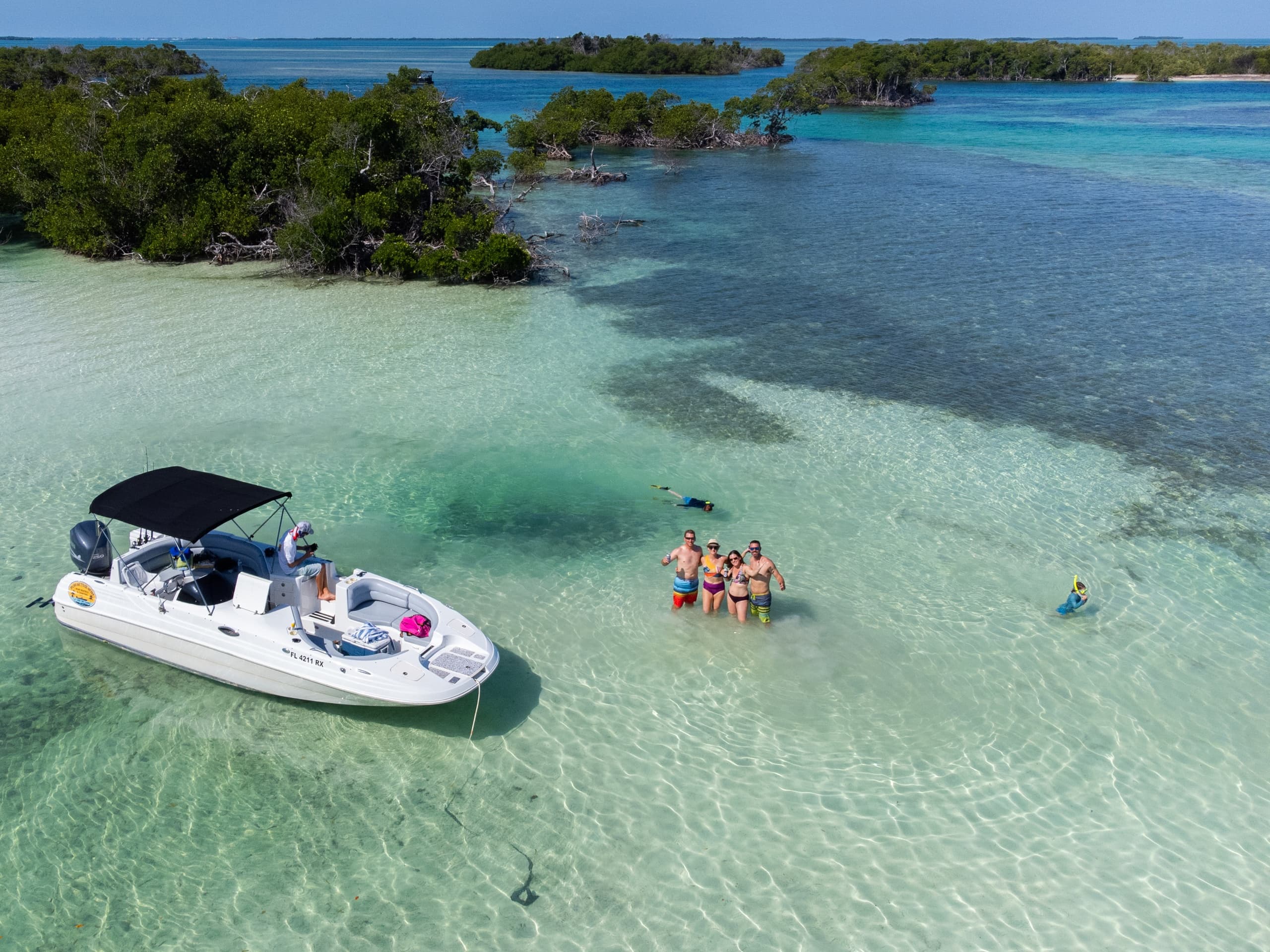 Aerial view of boat anchored near mangroves with swimmers