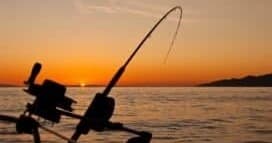 Fishing rod silhouette at sunset over calm ocean waters