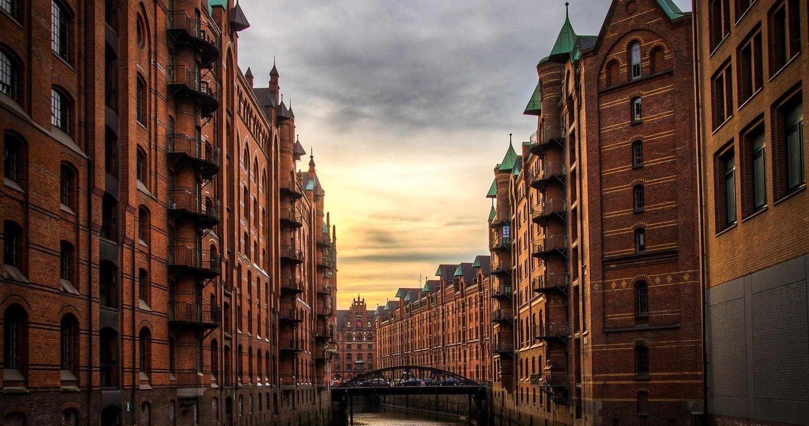 Historic Speicherstadt warehouse canal view in Hamburg
