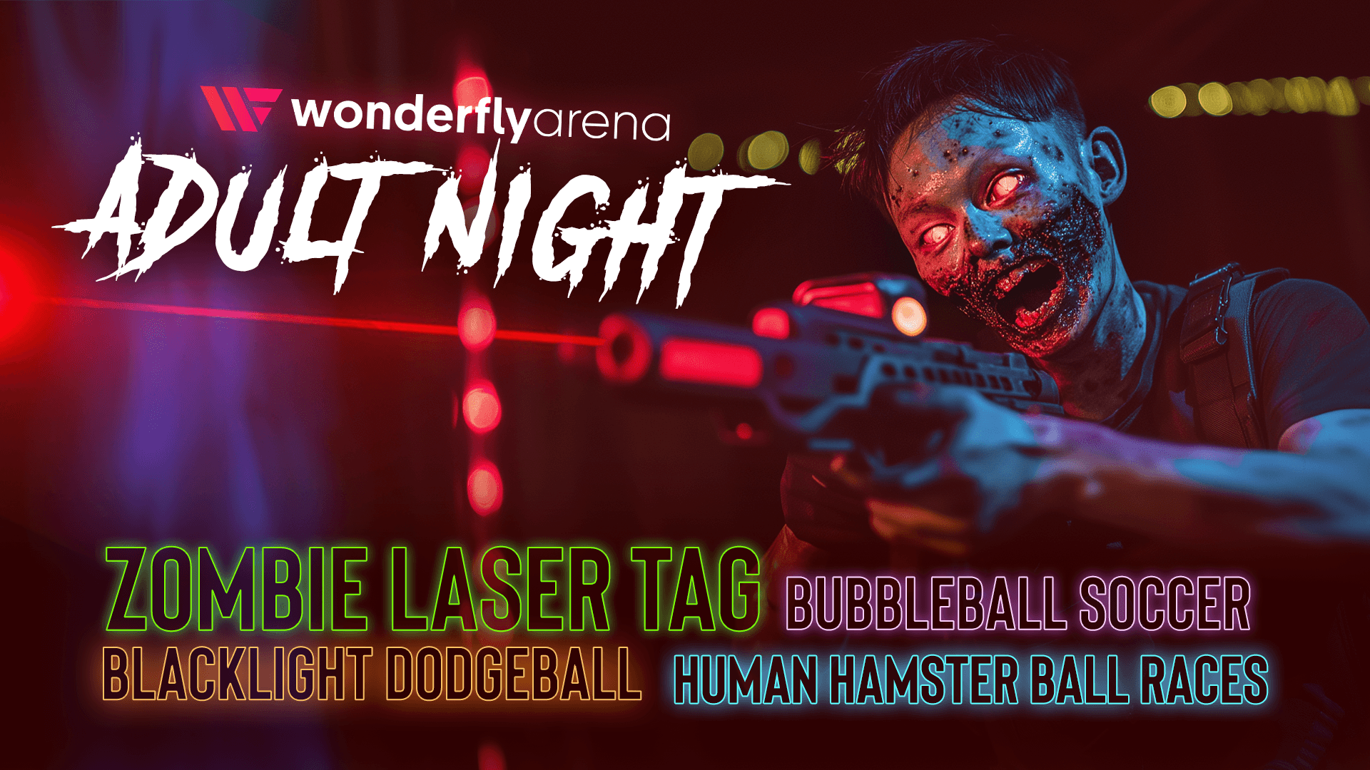 Zombie laser tag players in dark indoor arena event banner
