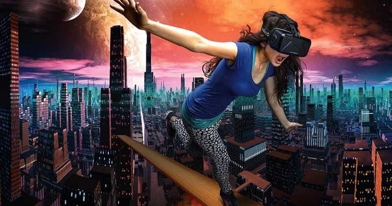Woman VR headset flying over futuristic cityscape in simulation
