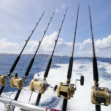 Deep-sea fishing rods aligned on boat railing over open ocean