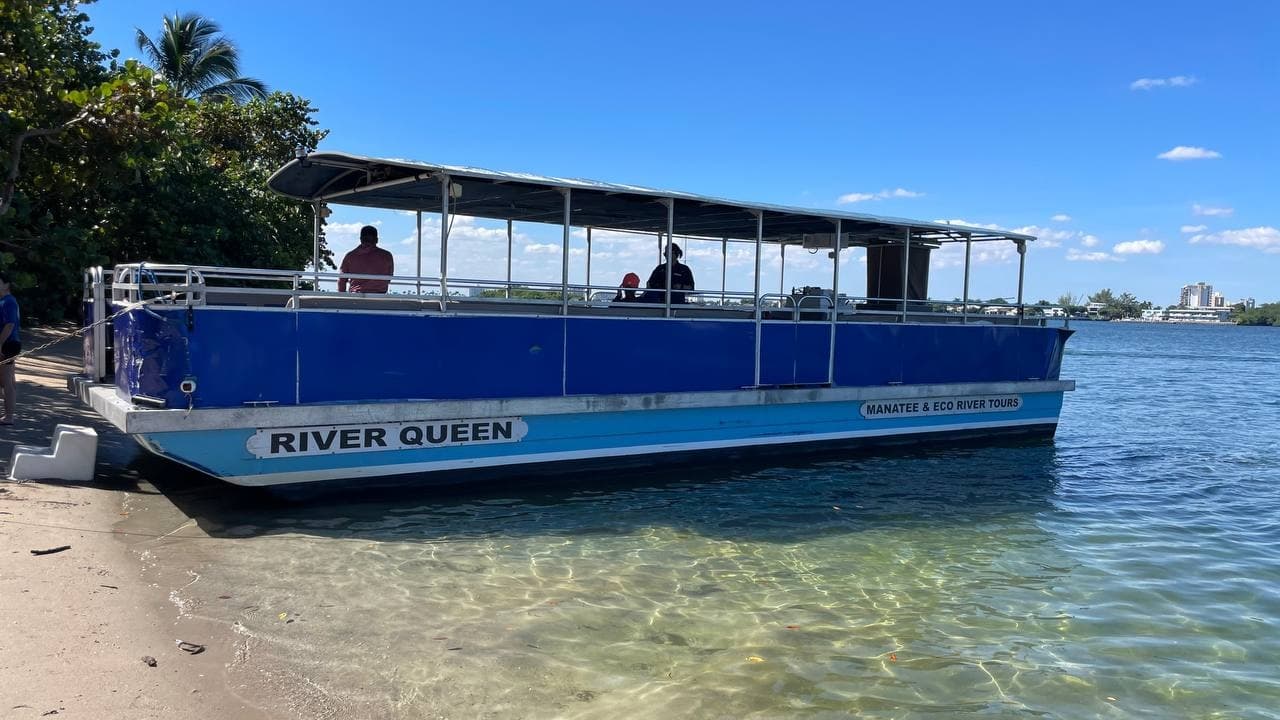 Sightseeing pontoon boat docked on tropical shoreline with clear water