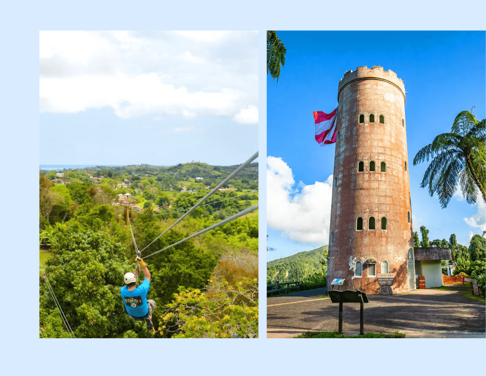 Zipline rider over tropical forest near historic coastal tower